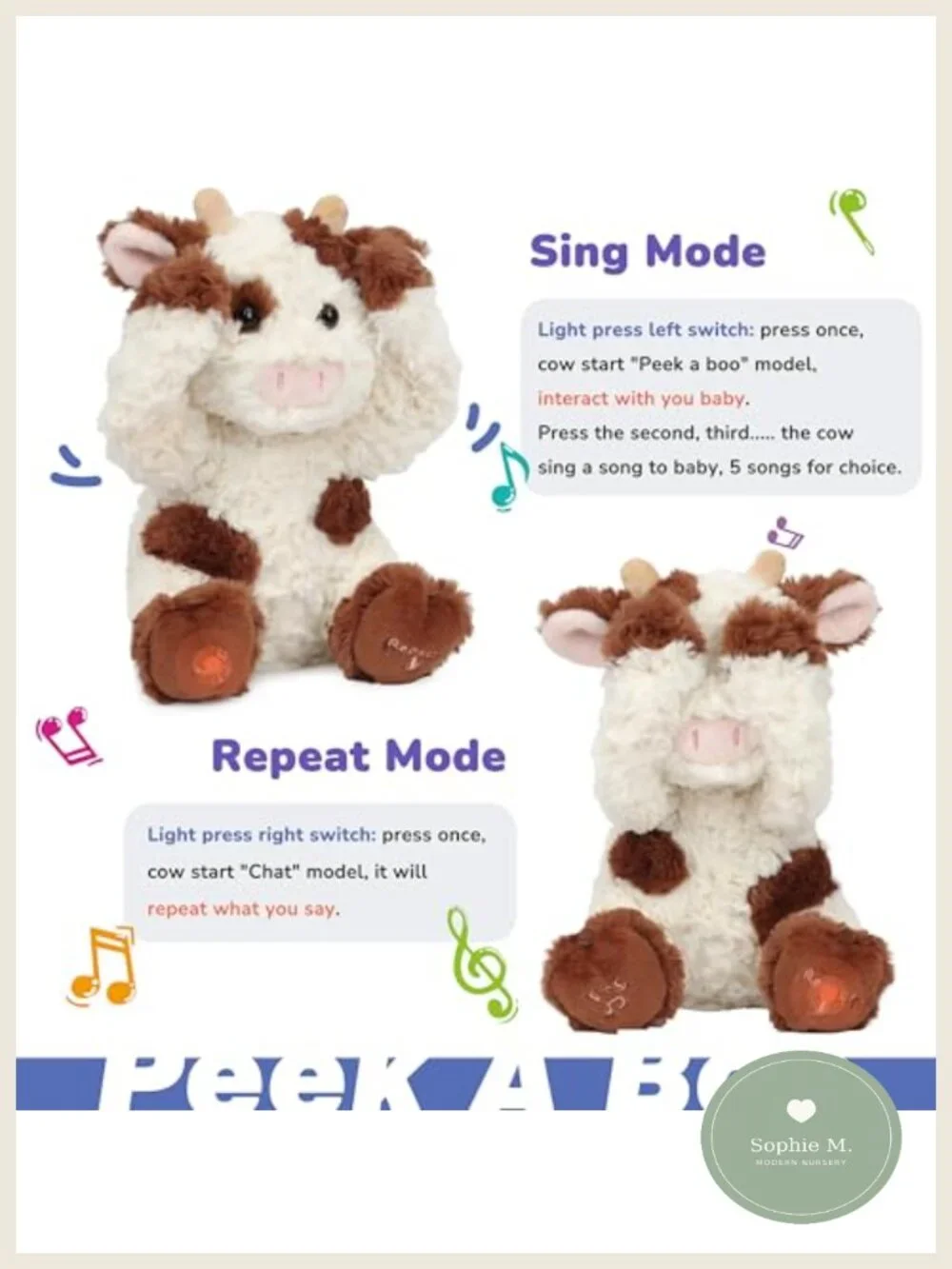 Interactive Cow Plush Toy Repeats What You Say Singing Stuffed Animal